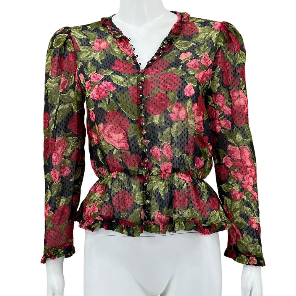 The Kooples Top Womens 1 Small Painted Roses 100% Silk Sheer‎ Floral Whimsigoth